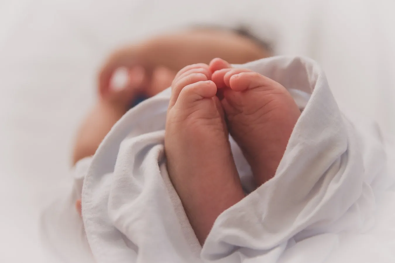 Newborn baby feet wrapped in a soft white blanket
